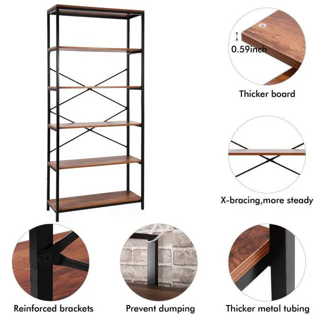 Alt view image 4 of 6 - Modrine 5 Shelf Bookcase, Tall Bookshelf Industrial Style Bookshelves Vintage Standing Storage Shelf Units