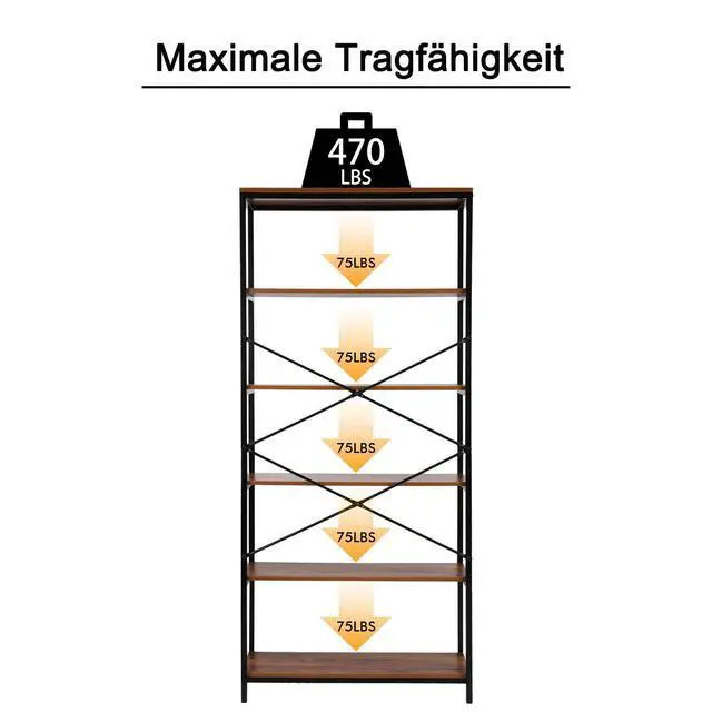 Alt view image 6 of 6 - Modrine 5 Shelf Bookcase, Tall Bookshelf Industrial Style Bookshelves Vintage Standing Storage Shelf Units