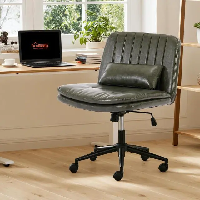 Alt view image 2 of 6 - Criss Cross Office Chair, Cross Legged Office Seat with Wheels Armless Swivel Vanity Chair, Height Adjustable Wide Computer Task Seating for Home Office (Dark Green)
