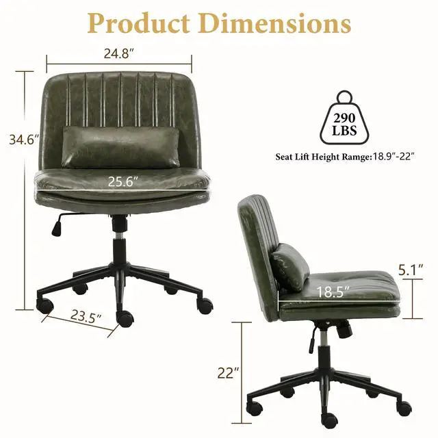 Alt view image 3 of 6 - Criss Cross Office Chair, Cross Legged Office Seat with Wheels Armless Swivel Vanity Chair, Height Adjustable Wide Computer Task Seating for Home Office (Dark Green)