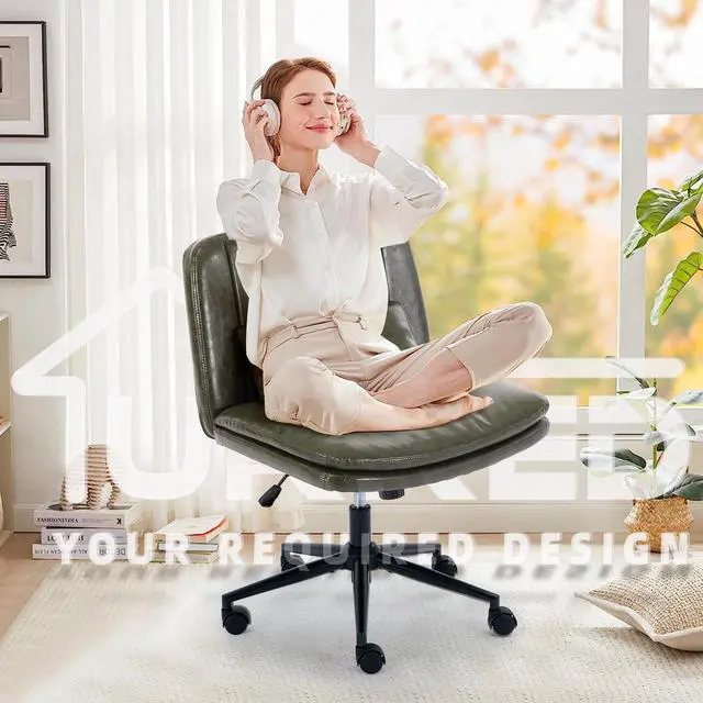 Alt view image 4 of 6 - Criss Cross Office Chair, Cross Legged Office Seat with Wheels Armless Swivel Vanity Chair, Height Adjustable Wide Computer Task Seating for Home Office (Dark Green)