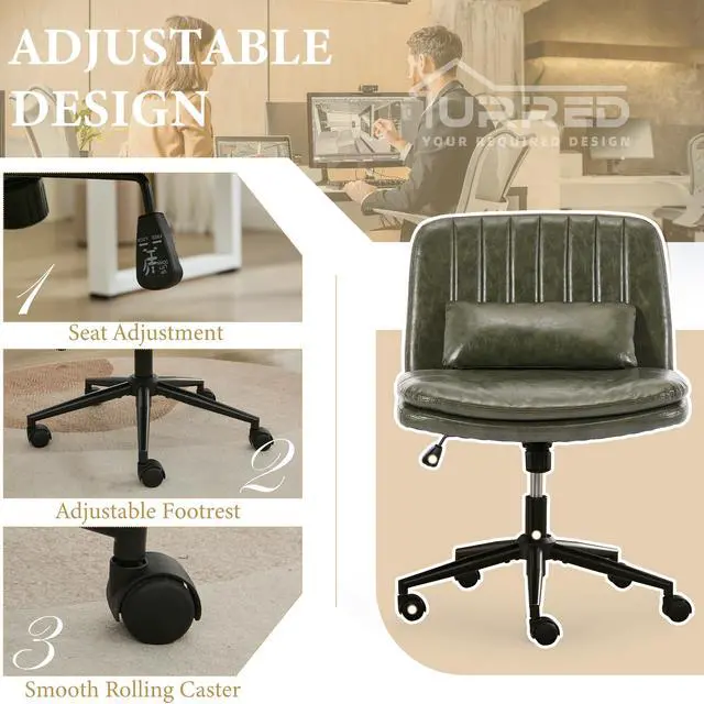 Alt view image 5 of 6 - Criss Cross Office Chair, Cross Legged Office Seat with Wheels Armless Swivel Vanity Chair, Height Adjustable Wide Computer Task Seating for Home Office (Dark Green)