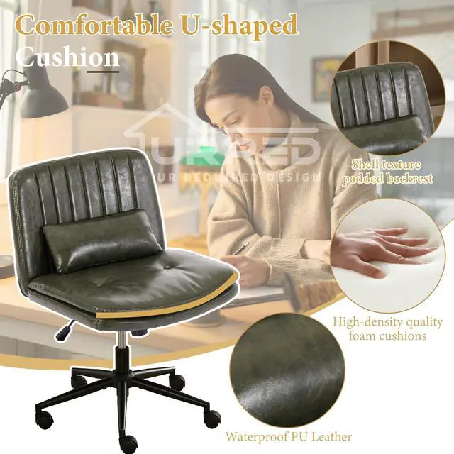 Alt view image 6 of 6 - Criss Cross Office Chair, Cross Legged Office Seat with Wheels Armless Swivel Vanity Chair, Height Adjustable Wide Computer Task Seating for Home Office (Dark Green)