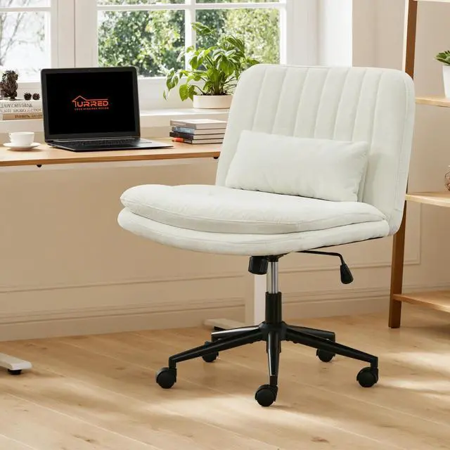 Alt view image 2 of 6 - Criss Cross Office Chair, Cross Legged Office Seat with Wheels Armless Swivel Vanity Chair, Height Adjustable Wide Computer Task Seating for Home Office (White)
