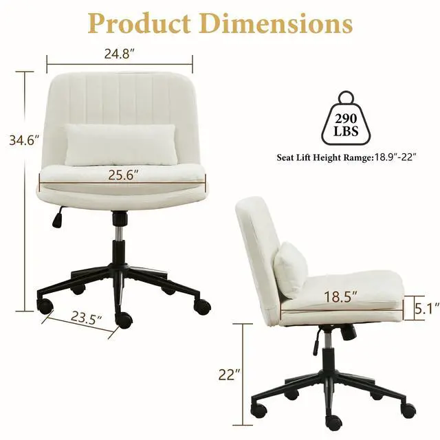 Alt view image 3 of 6 - Criss Cross Office Chair, Cross Legged Office Seat with Wheels Armless Swivel Vanity Chair, Height Adjustable Wide Computer Task Seating for Home Office (White)