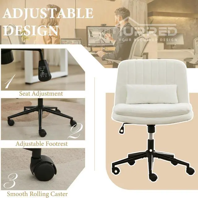 Alt view image 4 of 6 - Criss Cross Office Chair, Cross Legged Office Seat with Wheels Armless Swivel Vanity Chair, Height Adjustable Wide Computer Task Seating for Home Office (White)