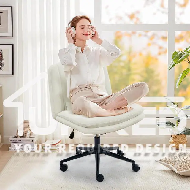Alt view image 5 of 6 - Criss Cross Office Chair, Cross Legged Office Seat with Wheels Armless Swivel Vanity Chair, Height Adjustable Wide Computer Task Seating for Home Office (White)
