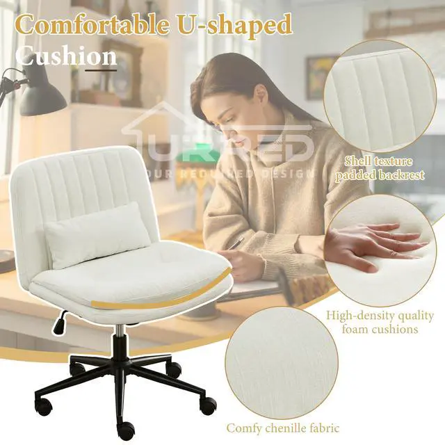 Alt view image 6 of 6 - Criss Cross Office Chair, Cross Legged Office Seat with Wheels Armless Swivel Vanity Chair, Height Adjustable Wide Computer Task Seating for Home Office (White)