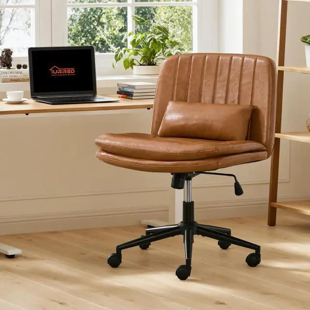 Alt view image 2 of 6 - Criss Cross Office Chair, Cross Legged Office Seat with Wheels Armless Swivel Vanity Chair, Height Adjustable Wide Computer Task Seating for Home Office (Orange)