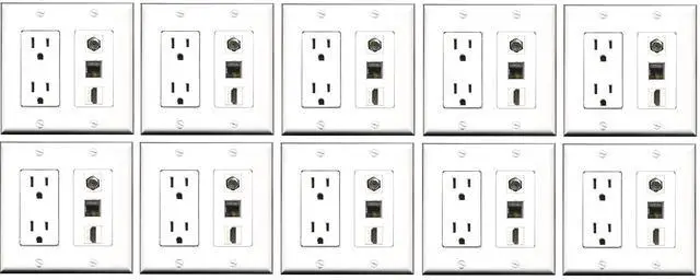 Main image of 15 Amp Power Outlet 1 Port HDMI Coax Shielded Cat6 Ethernet Ethernet Wall Plate - White (10 Pack)