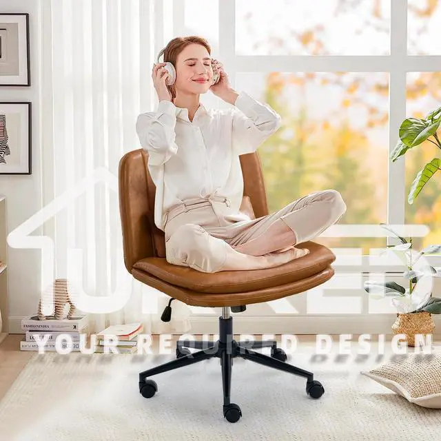 Alt view image 4 of 6 - Criss Cross Office Chair, Cross Legged Office Seat with Wheels Armless Swivel Vanity Chair, Height Adjustable Wide Computer Task Seating for Home Office (Orange)
