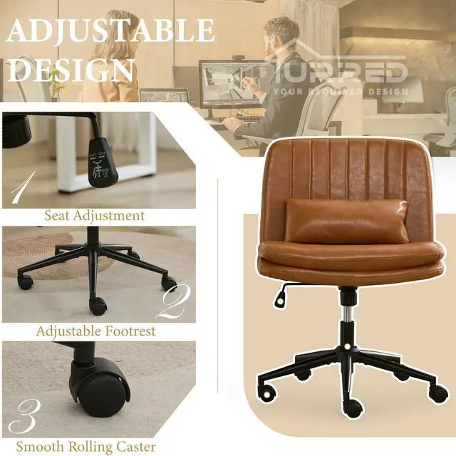 Alt view image 5 of 6 - Criss Cross Office Chair, Cross Legged Office Seat with Wheels Armless Swivel Vanity Chair, Height Adjustable Wide Computer Task Seating for Home Office (Orange)