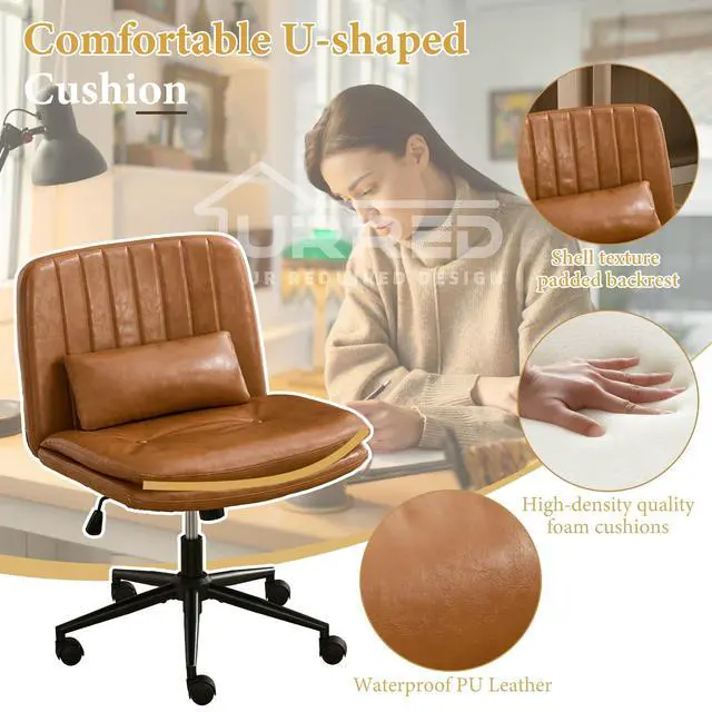 Alt view image 6 of 6 - Criss Cross Office Chair, Cross Legged Office Seat with Wheels Armless Swivel Vanity Chair, Height Adjustable Wide Computer Task Seating for Home Office (Orange)