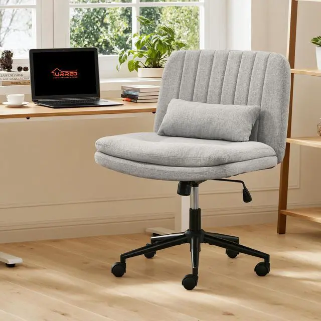 Alt view image 2 of 6 - Criss Cross Office Chair, Cross Legged Office Seat with Wheels Armless Swivel Vanity Chair, Height Adjustable Wide Computer Task Seating for Home Office (Gray)