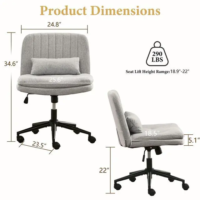 Alt view image 3 of 6 - Criss Cross Office Chair, Cross Legged Office Seat with Wheels Armless Swivel Vanity Chair, Height Adjustable Wide Computer Task Seating for Home Office (Gray)