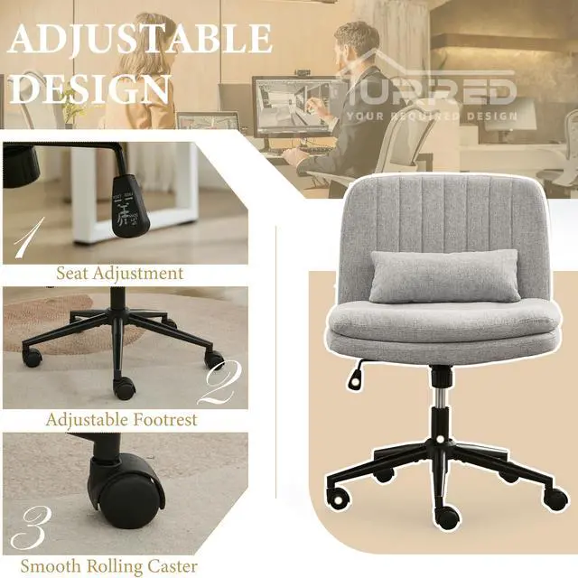 Alt view image 4 of 6 - Criss Cross Office Chair, Cross Legged Office Seat with Wheels Armless Swivel Vanity Chair, Height Adjustable Wide Computer Task Seating for Home Office (Gray)