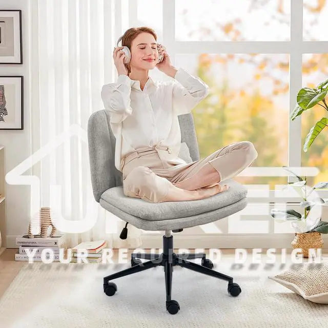 Alt view image 5 of 6 - Criss Cross Office Chair, Cross Legged Office Seat with Wheels Armless Swivel Vanity Chair, Height Adjustable Wide Computer Task Seating for Home Office (Gray)
