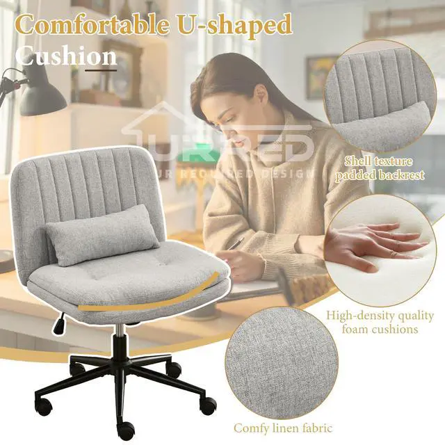 Alt view image 6 of 6 - Criss Cross Office Chair, Cross Legged Office Seat with Wheels Armless Swivel Vanity Chair, Height Adjustable Wide Computer Task Seating for Home Office (Gray)