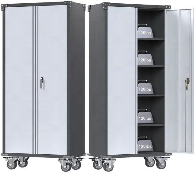 Main image of Rolling Garage Storage Cabinet with Locking Door and Shelves, 71''H Lockable Metal Storage Cabinet on Wheels, Steel Tool Cabinet for Warehouse, Basement, Utility Room, Black&Gray
