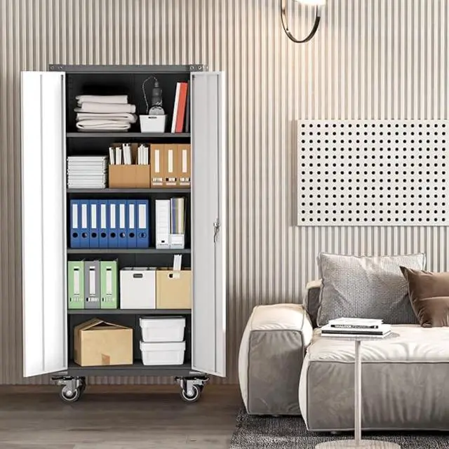 Alt view image 2 of 6 - Rolling Garage Storage Cabinet with Locking Door and Shelves, 71''H Lockable Metal Storage Cabinet on Wheels, Steel Tool Cabinet for Warehouse, Basement, Utility Room, Black&Gray