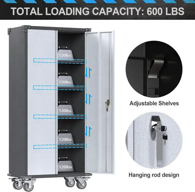 Alt view image 4 of 6 - Rolling Garage Storage Cabinet with Locking Door and Shelves, 71''H Lockable Metal Storage Cabinet on Wheels, Steel Tool Cabinet for Warehouse, Basement, Utility Room, Black&Gray