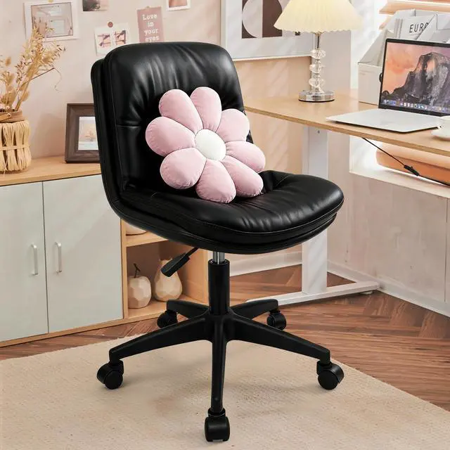 Main image of Small Office Desk Chair, PU Leather Armless Swivel Chair with Lumbar Pillow, Height Adjustable Task Chair for Small Spaces, Bedroom & Vanity Black