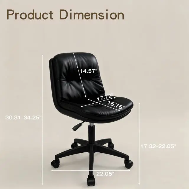 Alt view image 2 of 6 - Small Office Desk Chair, PU Leather Armless Swivel Chair with Lumbar Pillow, Height Adjustable Task Chair for Small Spaces, Bedroom & Vanity Black