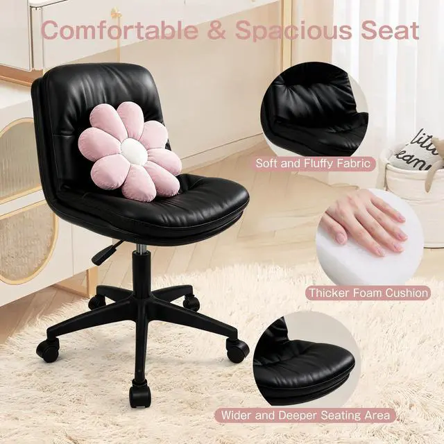 Alt view image 3 of 6 - Small Office Desk Chair, PU Leather Armless Swivel Chair with Lumbar Pillow, Height Adjustable Task Chair for Small Spaces, Bedroom & Vanity Black