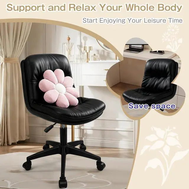 Alt view image 5 of 6 - Small Office Desk Chair, PU Leather Armless Swivel Chair with Lumbar Pillow, Height Adjustable Task Chair for Small Spaces, Bedroom & Vanity Black