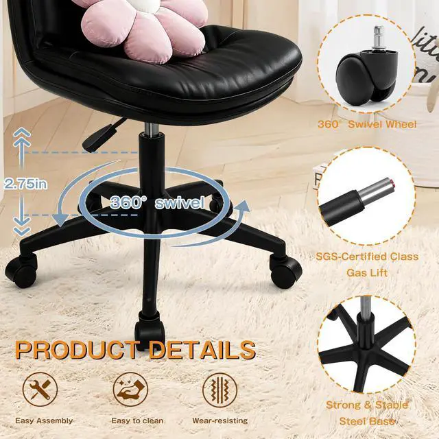 Alt view image 6 of 6 - Small Office Desk Chair, PU Leather Armless Swivel Chair with Lumbar Pillow, Height Adjustable Task Chair for Small Spaces, Bedroom & Vanity Black