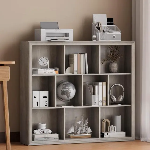 Main image of Wooden 10-Cube Storage Organizer, 3-Tier Bookshelf, Wood Grey Bookshelf, Bookcase, Cubical Storage Shelf with 3 Removable Back Panels for Bedroom Home and Office