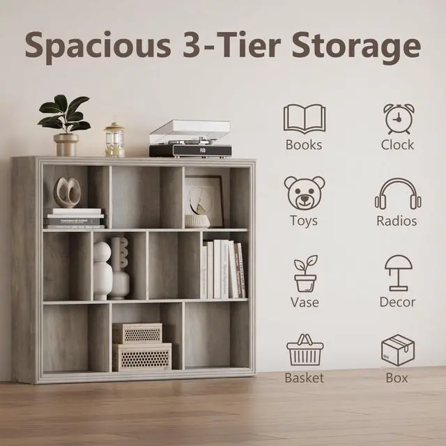 Alt view image 3 of 6 - Wooden 10-Cube Storage Organizer, 3-Tier Bookshelf, Wood Grey Bookshelf, Bookcase, Cubical Storage Shelf with 3 Removable Back Panels for Bedroom Home and Office