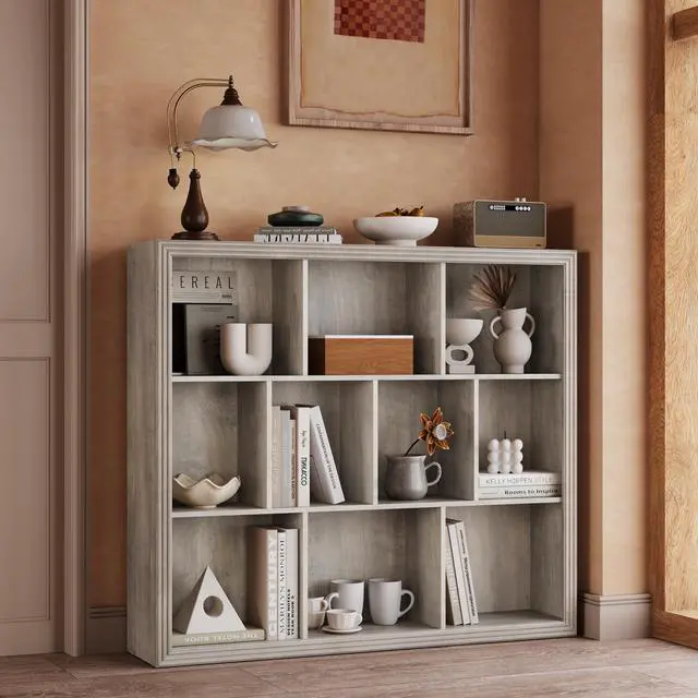 Alt view image 5 of 6 - Wooden 10-Cube Storage Organizer, 3-Tier Bookshelf, Wood Grey Bookshelf, Bookcase, Cubical Storage Shelf with 3 Removable Back Panels for Bedroom Home and Office