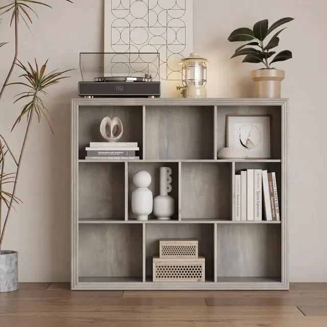 Alt view image 6 of 6 - Wooden 10-Cube Storage Organizer, 3-Tier Bookshelf, Wood Grey Bookshelf, Bookcase, Cubical Storage Shelf with 3 Removable Back Panels for Bedroom Home and Office