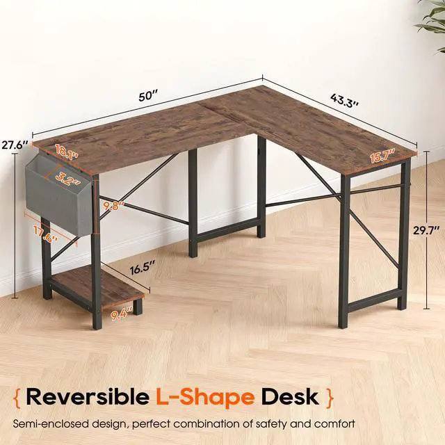 Alt view image 2 of 6 - 50-Inch L Shaped Desk, Corner Computer Desk & Gaming Desk for Home Office and Dorm, Sturdy Writing Workstation with CPU Stand and Side Storage Bag (Brown)