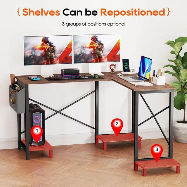 Alt view image 5 of 6 - 50-Inch L Shaped Desk, Corner Computer Desk & Gaming Desk for Home Office and Dorm, Sturdy Writing Workstation with CPU Stand and Side Storage Bag (Brown)