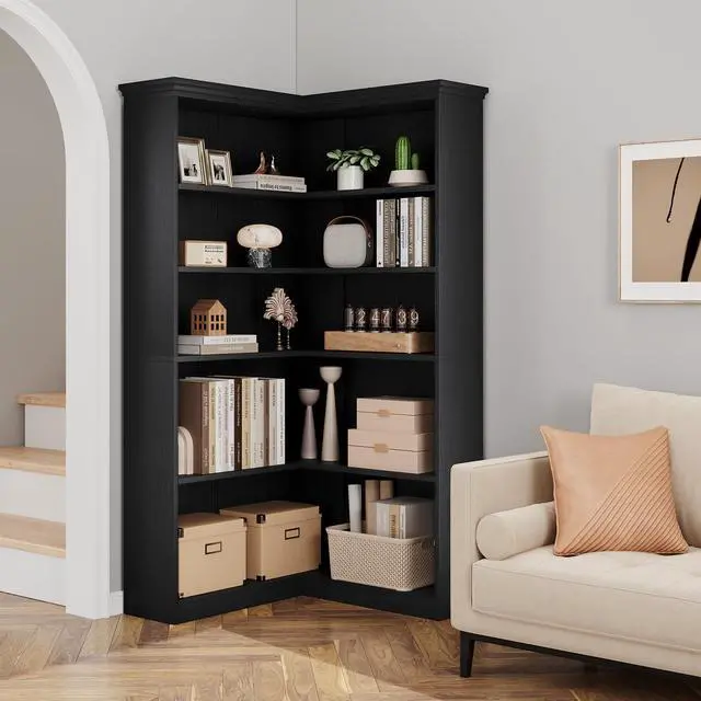 Main image of 72" L-Shaped Corner Bookcase, 5-Shelf Wooden Bookcase for Living Room/Office, Rustic Storage Rack, Anti-Tip Design, Easy Assembly, Half Back (35.6" L×35.6" W)