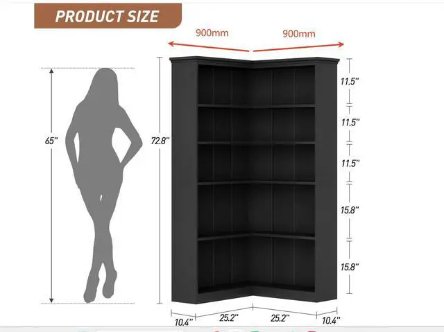 Alt view image 2 of 6 - 72" L-Shaped Corner Bookcase, 5-Shelf Wooden Bookcase for Living Room/Office, Rustic Storage Rack, Anti-Tip Design, Easy Assembly, Half Back (35.6" L×35.6" W)