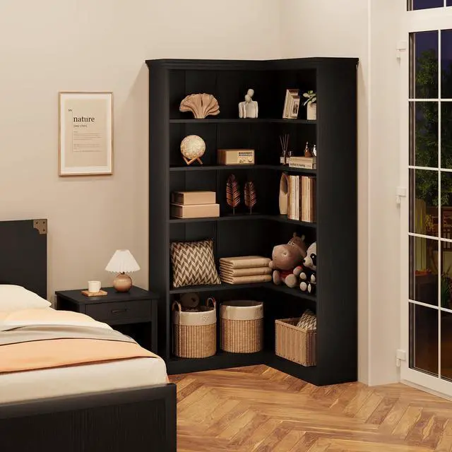 Alt view image 4 of 6 - 72" L-Shaped Corner Bookcase, 5-Shelf Wooden Bookcase for Living Room/Office, Rustic Storage Rack, Anti-Tip Design, Easy Assembly, Half Back (35.6" L×35.6" W)