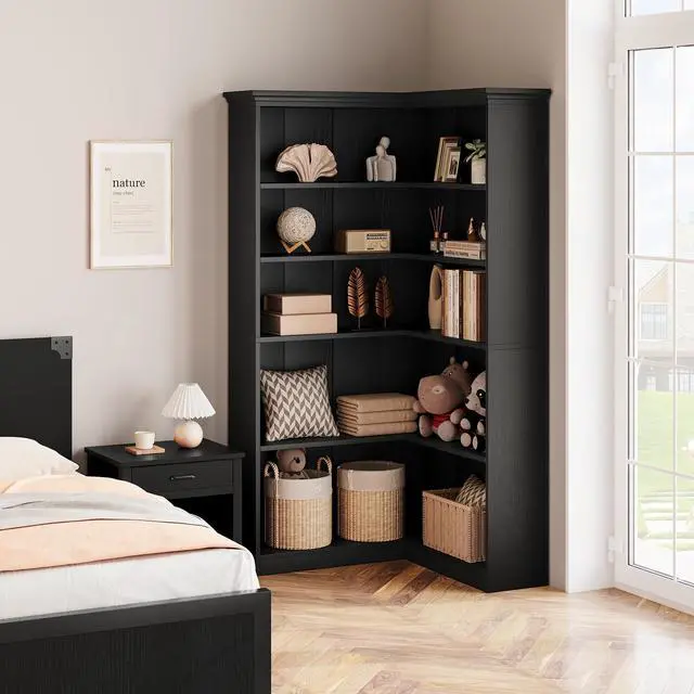 Alt view image 5 of 6 - 72" L-Shaped Corner Bookcase, 5-Shelf Wooden Bookcase for Living Room/Office, Rustic Storage Rack, Anti-Tip Design, Easy Assembly, Half Back (35.6" L×35.6" W)
