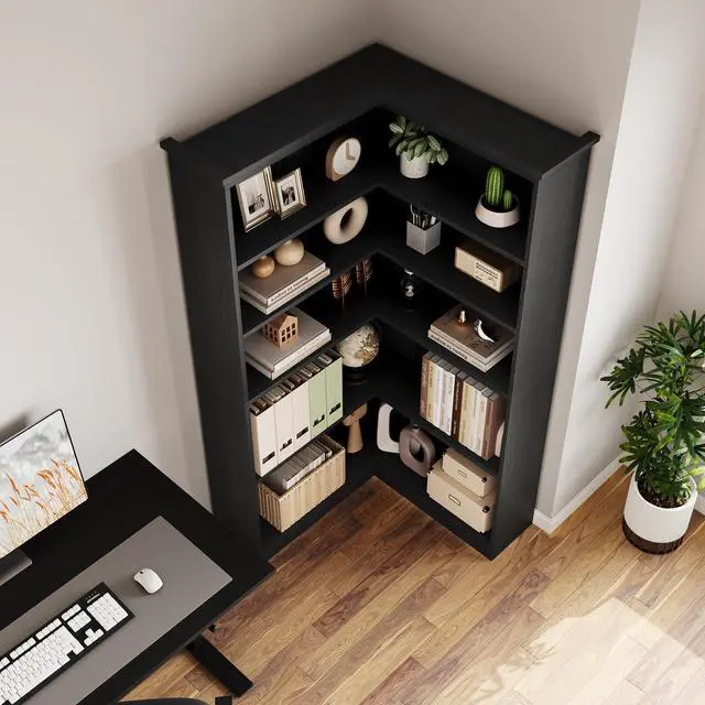 Alt view image 6 of 6 - 72" L-Shaped Corner Bookcase, 5-Shelf Wooden Bookcase for Living Room/Office, Rustic Storage Rack, Anti-Tip Design, Easy Assembly, Half Back (35.6" L×35.6" W)