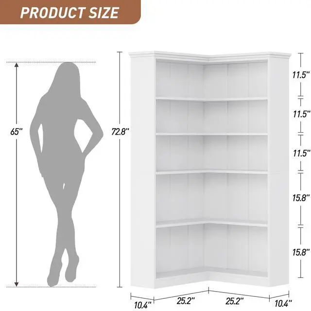 Alt view image 2 of 6 - 72" L-Shaped Corner Bookcase, 5-Shelf Wooden Bookcase for Living Room/Office, Rustic Storage Rack, Anti-Tip Design, Easy Assembly, Half Back (35.6" L×35.6" W)