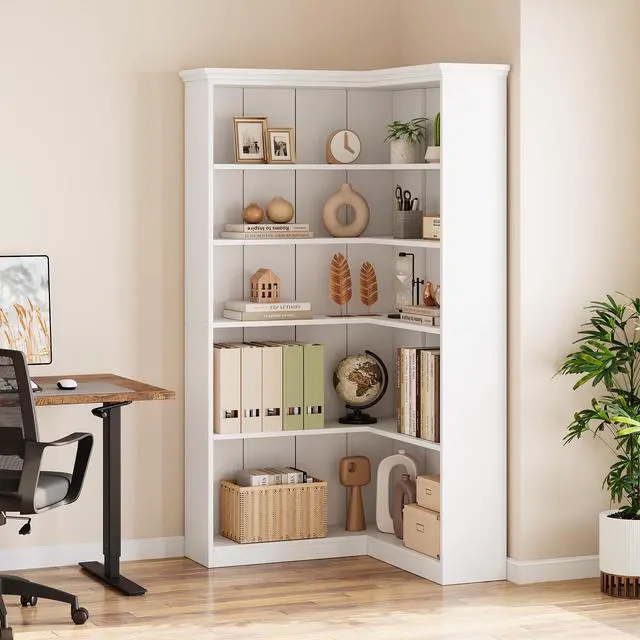 Alt view image 4 of 6 - 72" L-Shaped Corner Bookcase, 5-Shelf Wooden Bookcase for Living Room/Office, Rustic Storage Rack, Anti-Tip Design, Easy Assembly, Half Back (35.6" L×35.6" W)