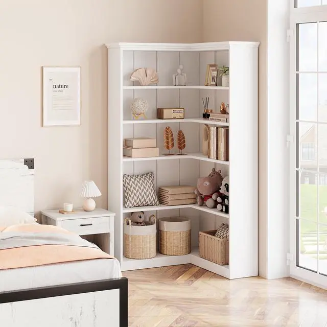 Alt view image 5 of 6 - 72" L-Shaped Corner Bookcase, 5-Shelf Wooden Bookcase for Living Room/Office, Rustic Storage Rack, Anti-Tip Design, Easy Assembly, Half Back (35.6" L×35.6" W)