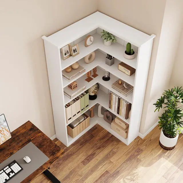 Alt view image 6 of 6 - 72" L-Shaped Corner Bookcase, 5-Shelf Wooden Bookcase for Living Room/Office, Rustic Storage Rack, Anti-Tip Design, Easy Assembly, Half Back (35.6" L×35.6" W)
