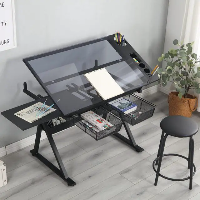 Main image of Drafting Table with Adjustable Tabletop and Stool, Multifunctional Art Craft Drawing Desk with Tilting Glass Tabletop, Study Metal Workstation with Storage for Home Office, Black