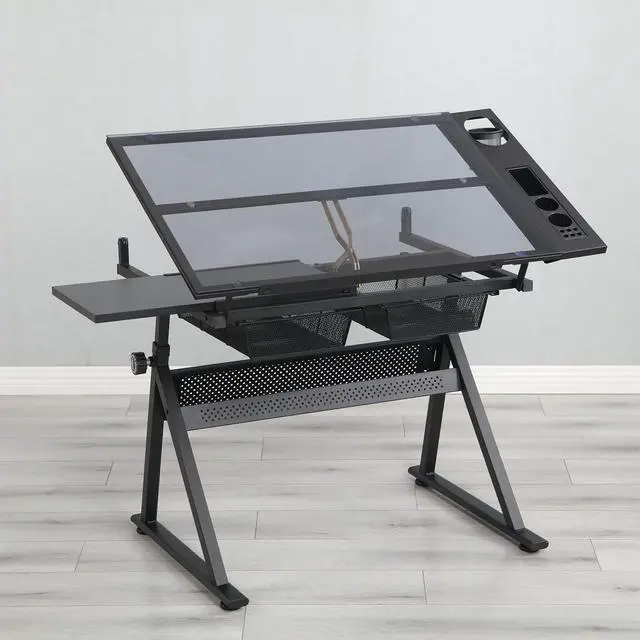 Alt view image 3 of 6 - Drafting Table with Adjustable Tabletop and Stool, Multifunctional Art Craft Drawing Desk with Tilting Glass Tabletop, Study Metal Workstation with Storage for Home Office, Black