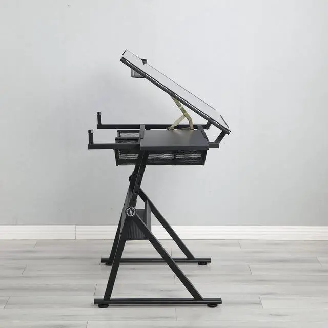 Alt view image 4 of 6 - Drafting Table with Adjustable Tabletop and Stool, Multifunctional Art Craft Drawing Desk with Tilting Glass Tabletop, Study Metal Workstation with Storage for Home Office, Black