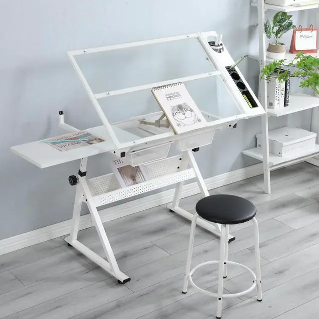 Main image of Drafting Table with Adjustable Tabletop and Stool, Multifunctional Art Craft Drawing Desk with Tilting Glass Tabletop, Study Metal Workstation with Storage for Home Office, White
