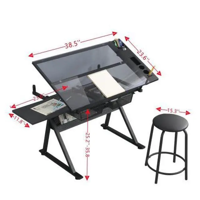 Alt view image 2 of 6 - Drafting Table with Adjustable Tabletop and Stool, Multifunctional Art Craft Drawing Desk with Tilting Glass Tabletop, Study Metal Workstation with Storage for Home Office, White